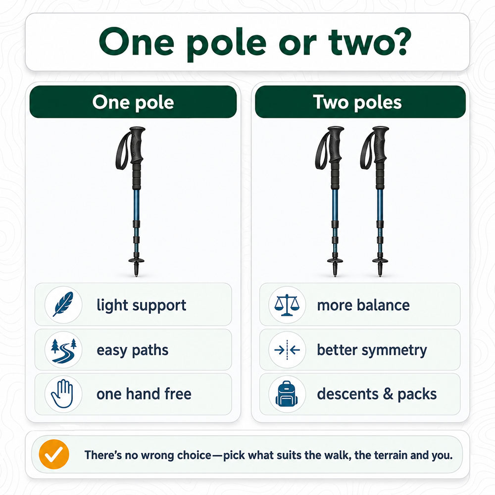 Infographic comparing one walking pole with two walking poles for light support, easy paths, balance, symmetry and descents with a pack.