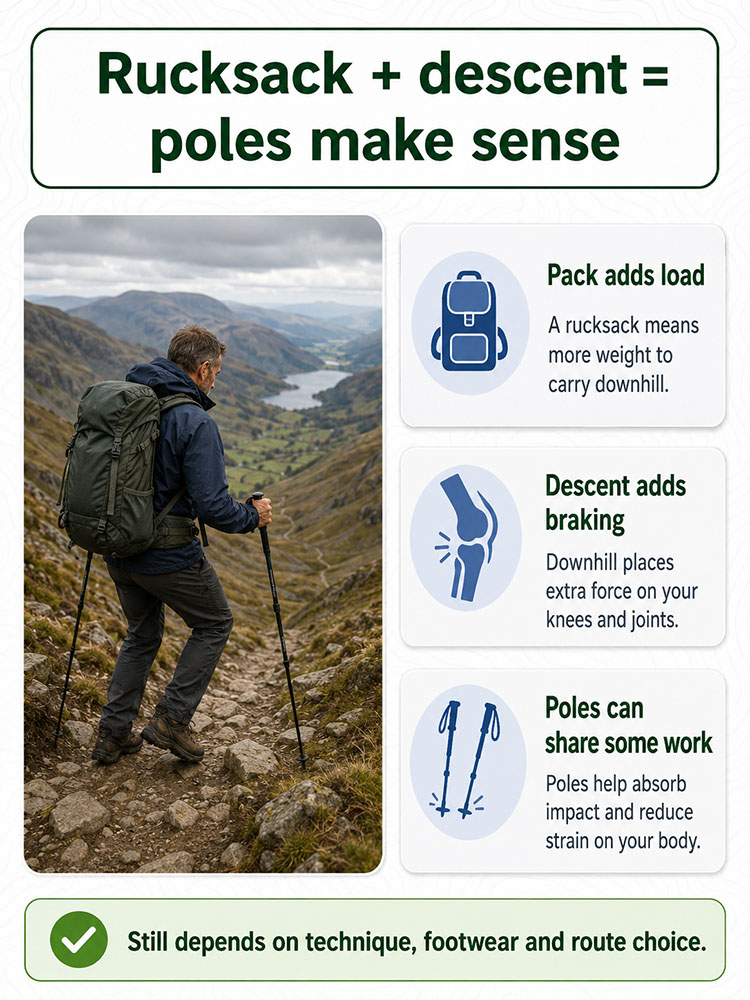 Illustrated walking poles graphic showing why a rucksack and downhill terrain can make pole support useful for load sharing and braking control.