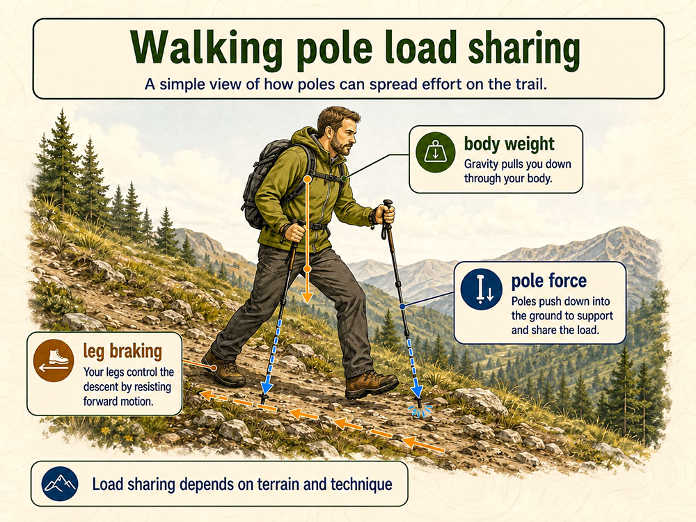 Illustrated walking pole load sharing diagram showing body weight, pole force and leg braking on a hillside trail, with a note that terrain and technique affect how much load poles share.
