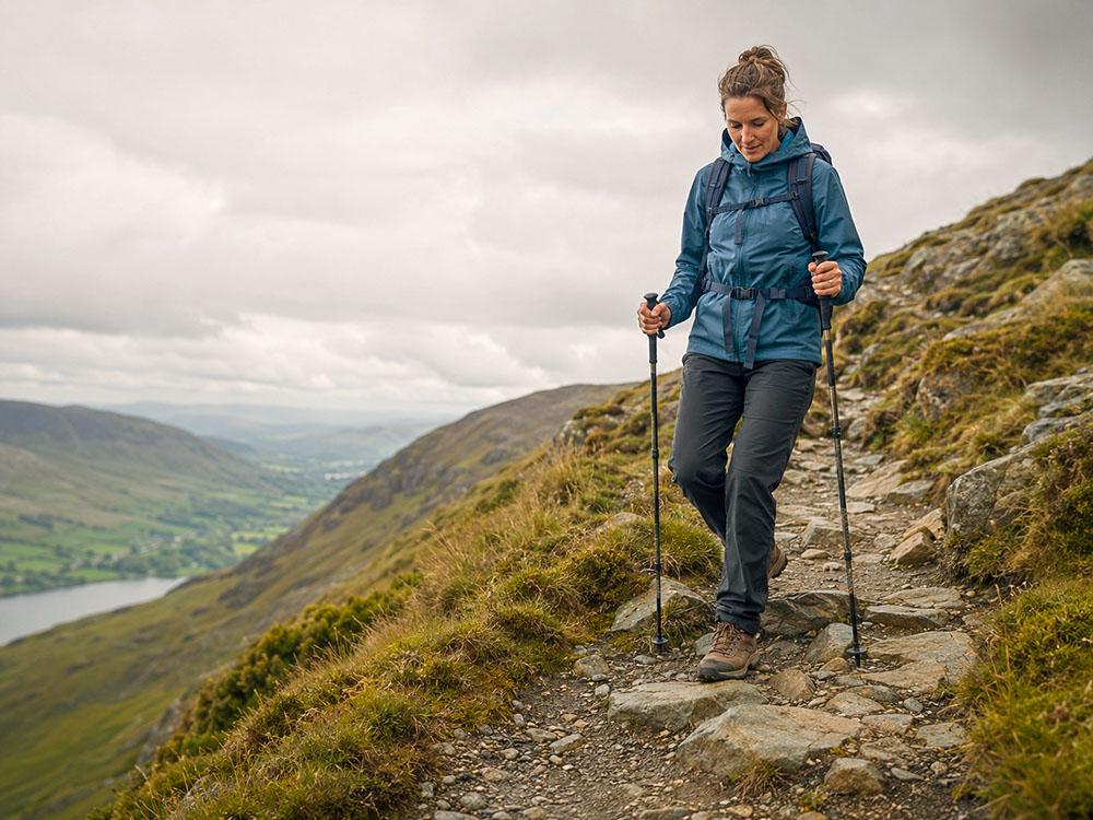 Walker using two walking poles to descend a rocky UK hillside path with short controlled steps, showing how poles can support balance and downhill control.