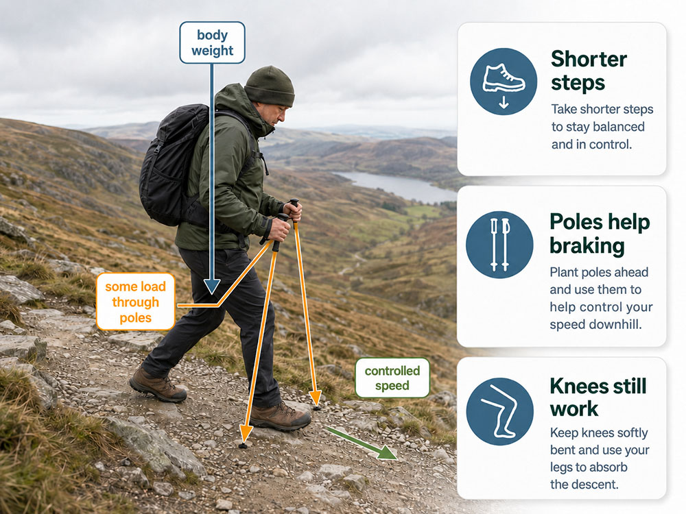 Annotated photo of a hiker descending with walking poles, with arrows explaining body weight, pole support and controlled downhill speed.