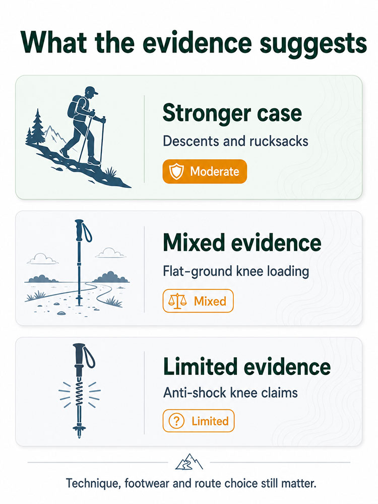 Evidence summary infographic showing that walking poles have stronger support for descents and rucksacks, mixed evidence for flat-ground knee loading, and limited evidence for anti-shock knee claims.