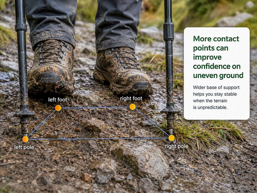 Close-up of hiking boots and walking poles on muddy uneven ground with a diagram showing wider contact points for stability.