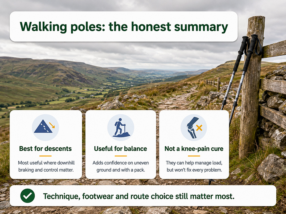 Conclusion graphic showing walking poles on a UK hillside path with a balanced summary: best for descents, useful for balance and not a knee-pain cure.