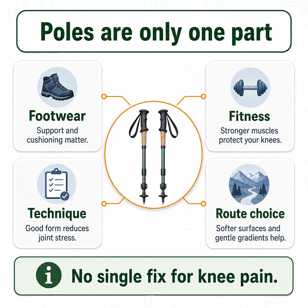 Infographic showing walking poles as one part of walking comfort alongside footwear, fitness, technique and route choice.