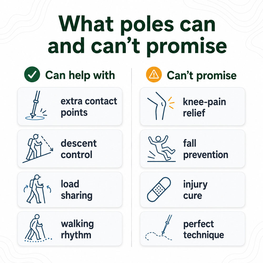 Infographic showing that walking poles can help with contact points, descent control, load sharing and rhythm, but cannot promise pain relief, fall prevention or injury cures.