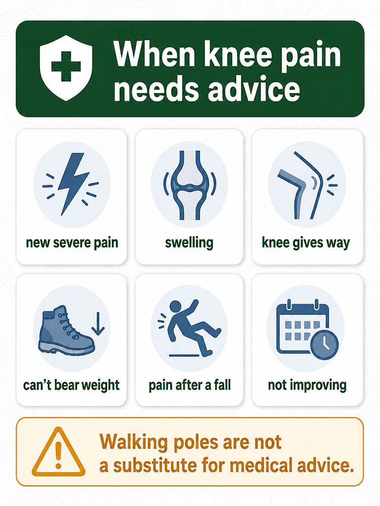 Calm infographic listing situations where knee pain needs advice, including severe pain, swelling, giving way, inability to bear weight, pain after a fall and symptoms not improving.