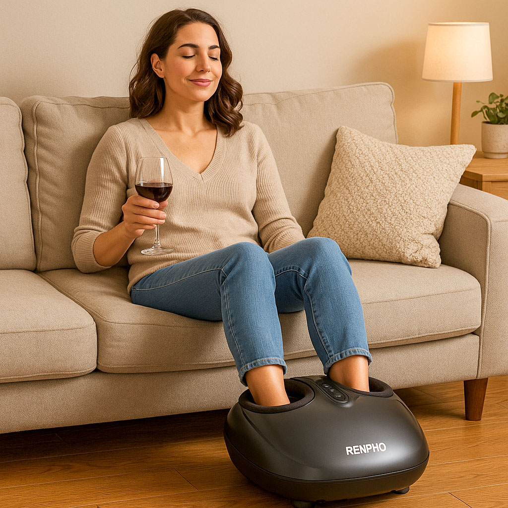 A lady sat relaxing on a sofa with a glass of wine with her feet in a Renpho foot massager