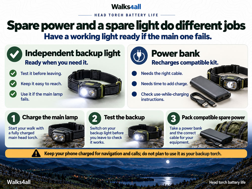 A ready second head torch provides independent light, while a power bank recharges compatible equipment and needs a suitable cable and time.