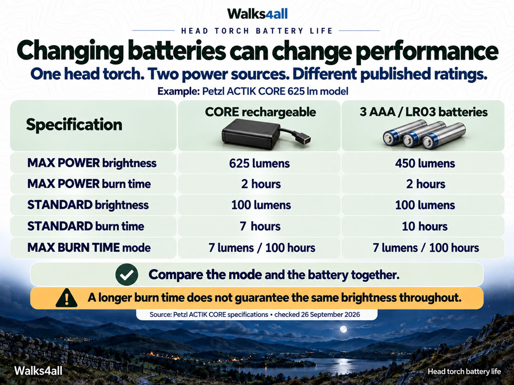 ACTIK CORE comparison: CORE gives 625 lumens for 2 hours or 100 lumens for 7 hours; three AAA cells give 450 lumens for 2 hours or 100 lumens for 10 hours.