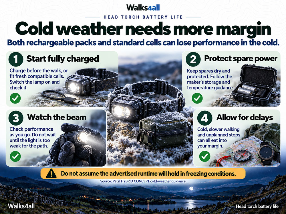 Cold-weather head-torch advice: start charged, protect spare batteries, check performance and allow more margin.