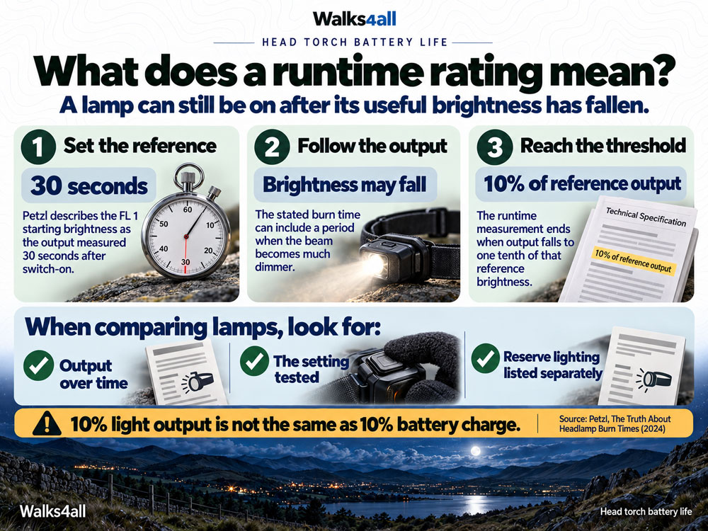 Three explanation cards show that the FL 1 runtime method described by Petzl starts at 30 seconds and ends at 10 per cent of the reference output.