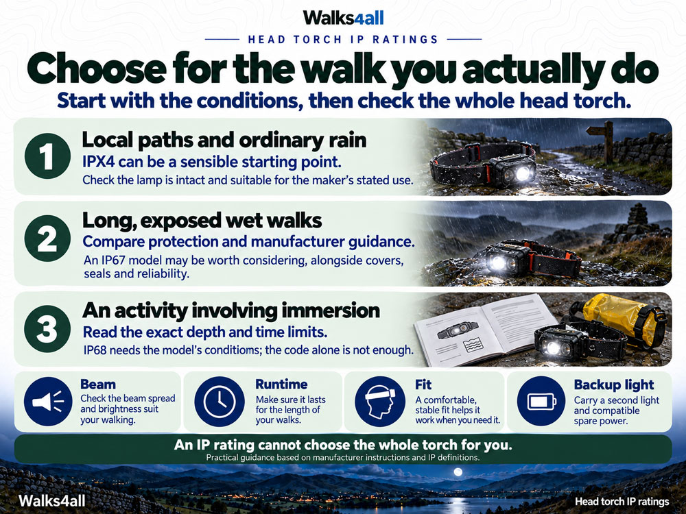 Choose a head torch by considering normal rain, prolonged wet exposure or specified immersion, together with beam, runtime and fit.