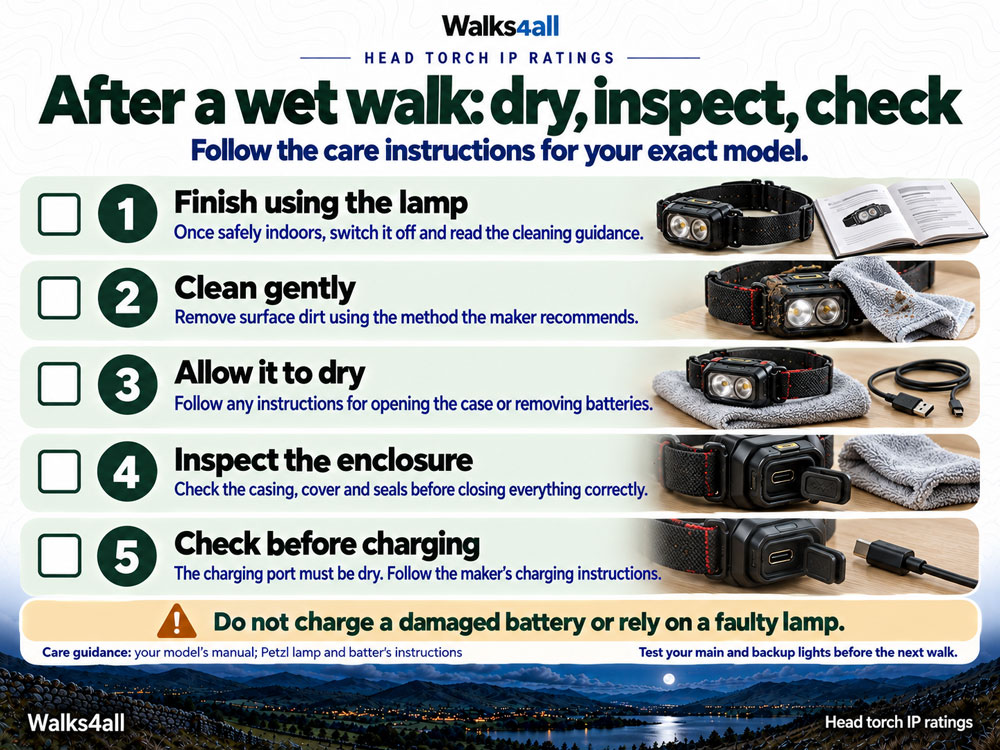 After a wet walk, follow the lamp instructions, clean gently, let it dry, inspect seals and reconnect power only when the charging port is dry.
