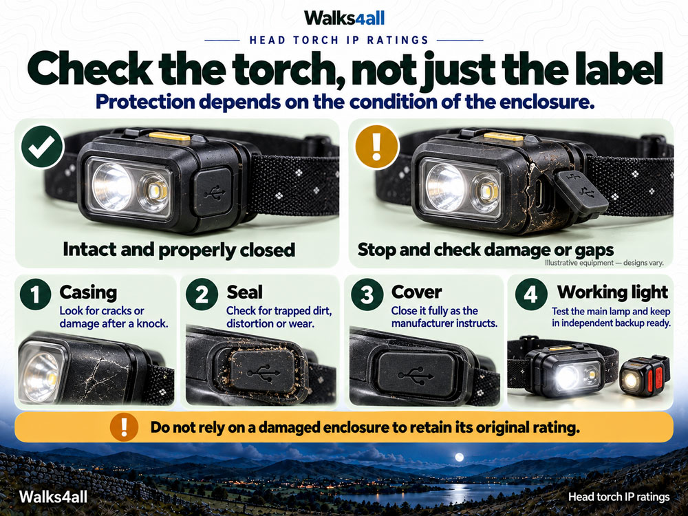 Inspect the casing, seals and charging cover, then test the lamp and keep a separate backup ready.