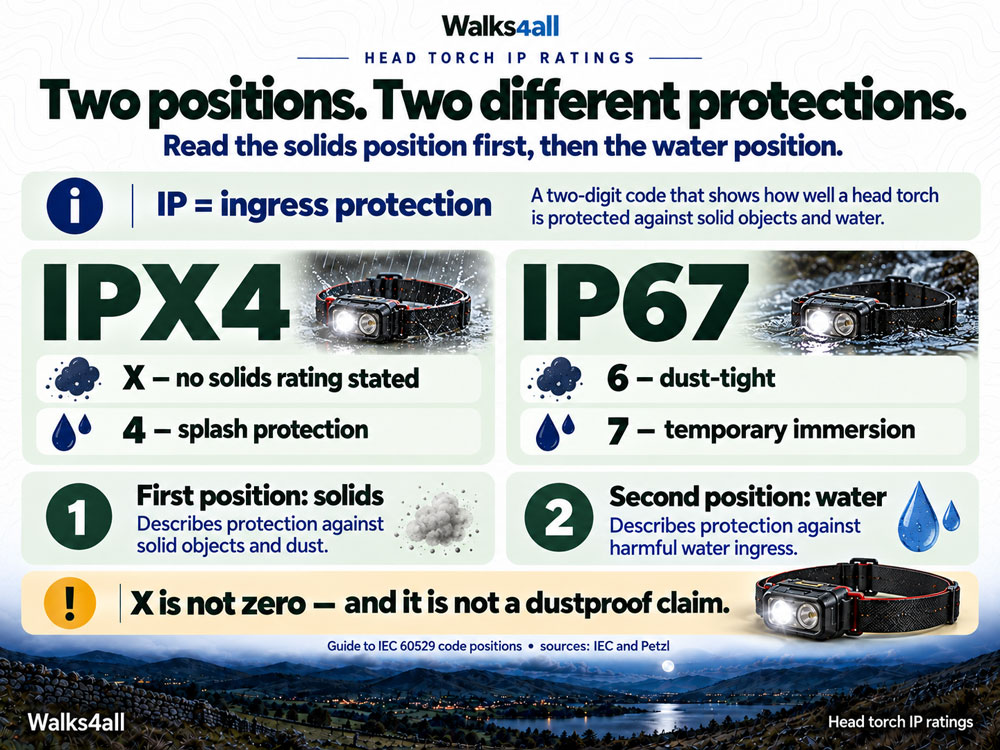 An IP rating has a solids position followed by a water position; X means no rating is stated for that position.