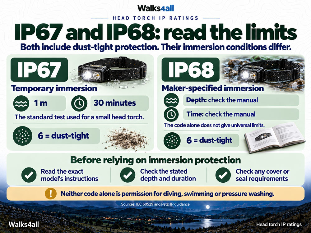 IP67 and IP68 both include dust-tight protection, but IP68 immersion depth and duration must be checked for the specific product.