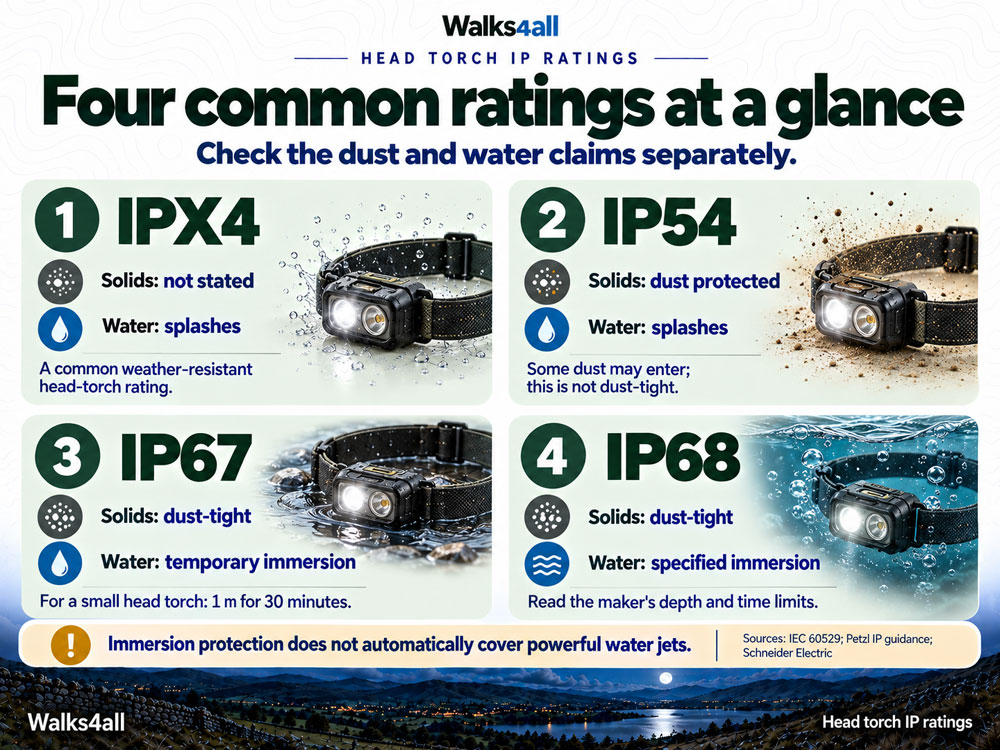 Four cards compare IPX4, IP54, IP67 and IP68 for stated dust and water protection.