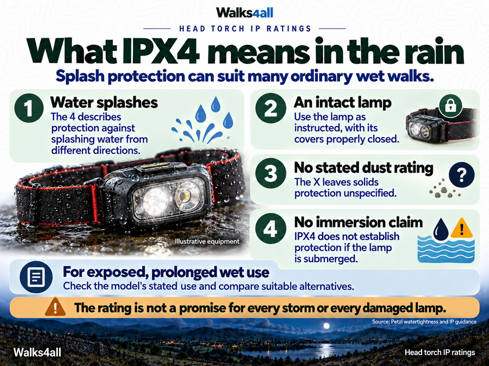 An IPX4 head torch can suit ordinary rain when intact and used as instructed; splash protection is not an immersion rating.