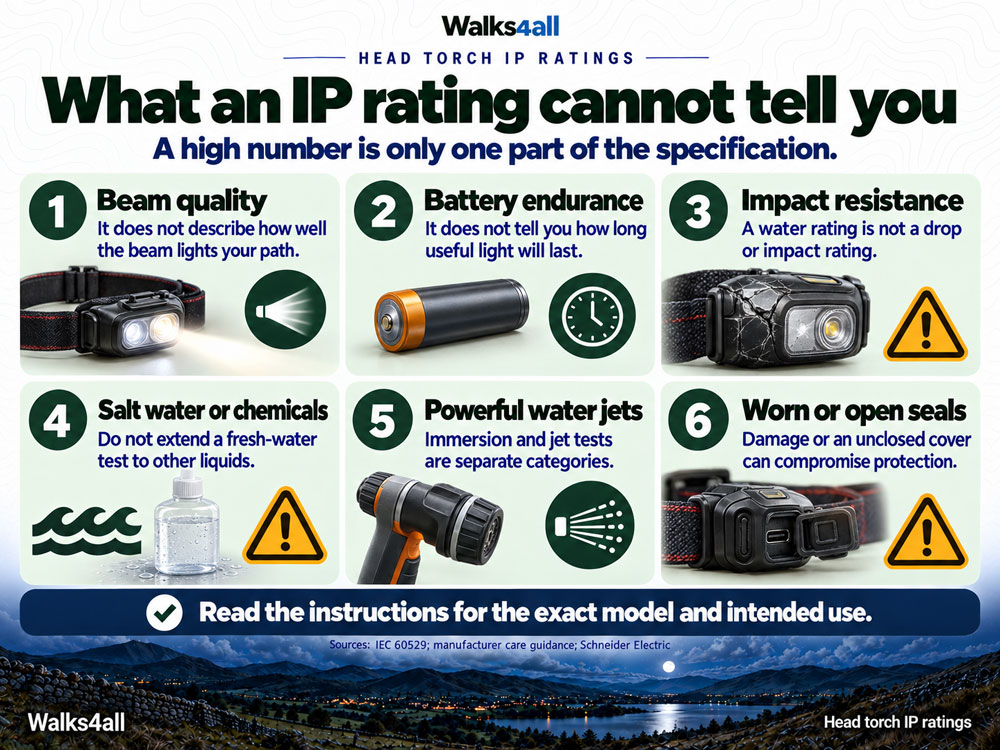 An IP rating does not measure beam quality, battery life or impact resistance, or automatically cover salt water, chemicals and pressure washing.