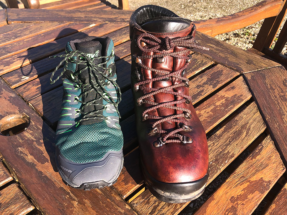 A synthetic and a leather hiking boot