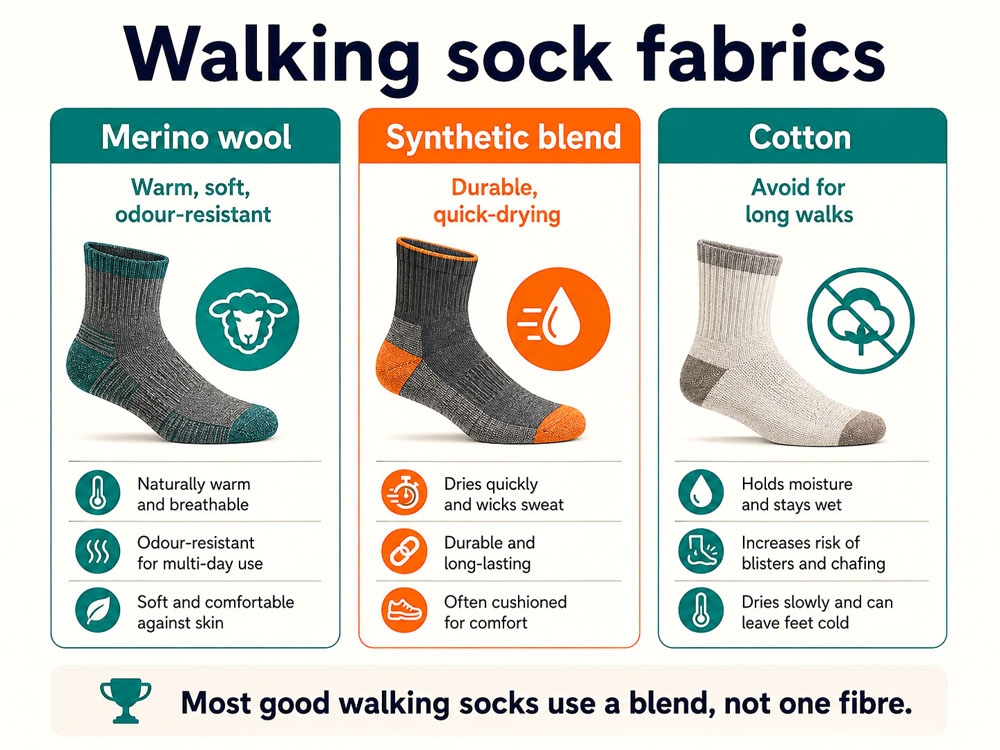 Infographic comparing merino wool, synthetic blend and cotton walking socks for warmth, odour resistance, drying speed and long-walk suitability.