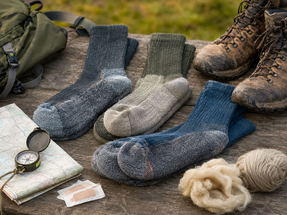 Walking socks in different heights and thicknesses laid out with muddy walking boots, a map, compass and blister plasters on a wooden outdoor table.