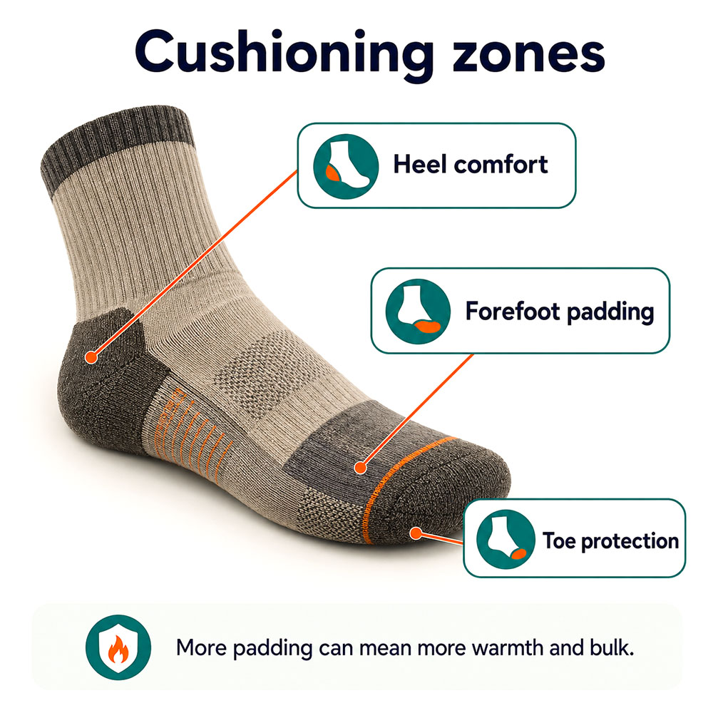 Infographic showing heel comfort, forefoot padding and toe protection zones on a cushioned walking sock.