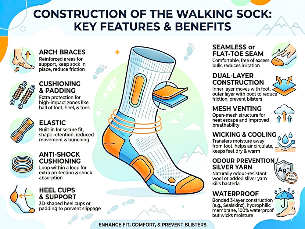 An infographic illustrating the 10 key construction features and benefits of a high-performance walking sock.Labels include Arch Braces, Cushioning & Padding, Elastic, Anti-Shock Cushioning, Heel Cups & Support, Seamless Toe Seam, Dual-Layer Construction, Mesh Venting, Wicking & Cooling, and Odour Prevention. The image features a central sock illustration and icons for each point.