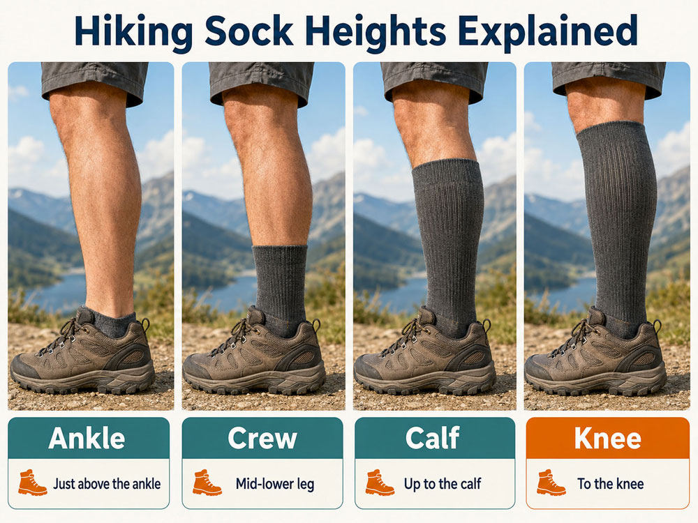 Infographic comparing trainer, ankle, crew and knee-high walking socks with low shoes, walking shoes, boots and wet-weather boots.