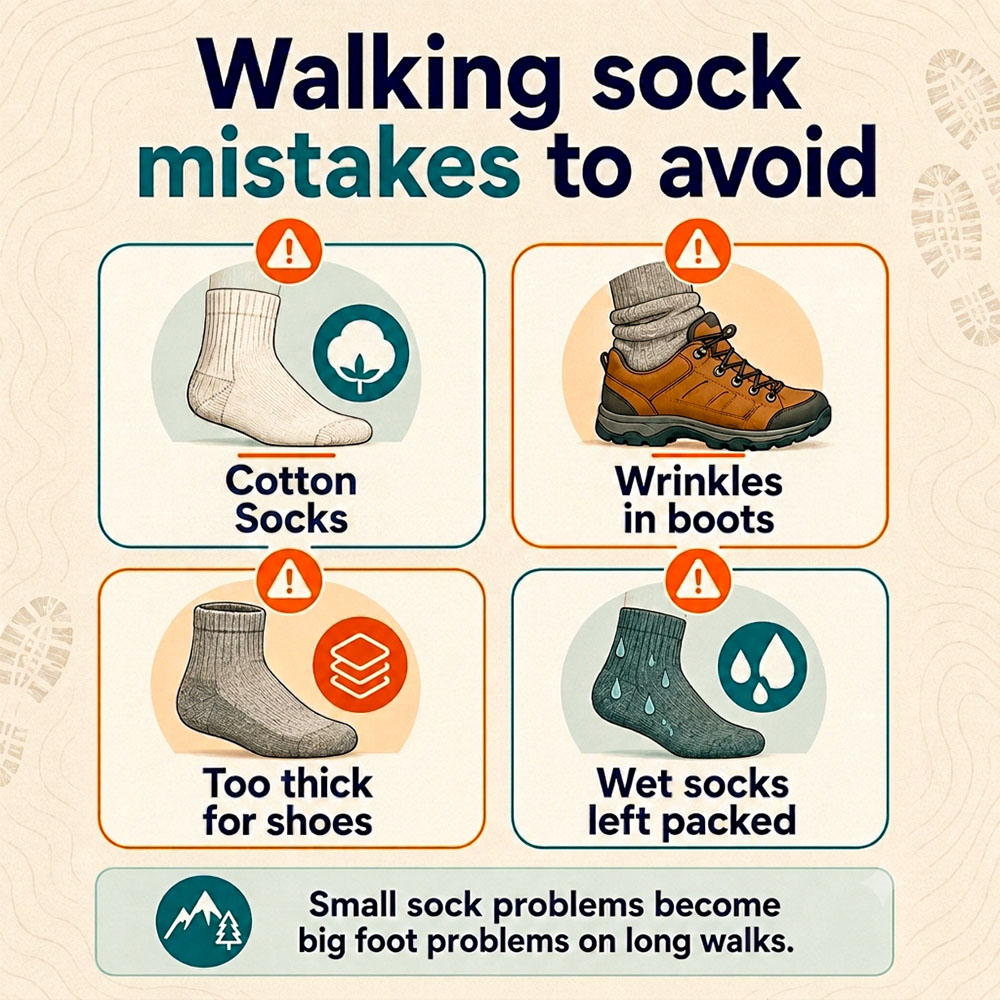 Infographic showing four walking sock mistakes: cotton on long walks, wrinkles in boots, socks too thick for shoes and wet socks left packed.
