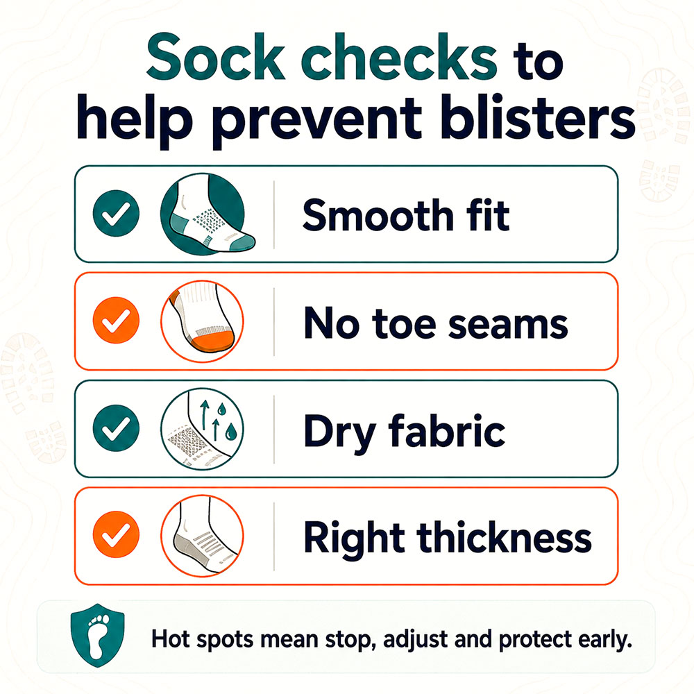 Infographic listing smooth fit, no toe seams, dry fabric and the right thickness as sock checks to help prevent blisters.