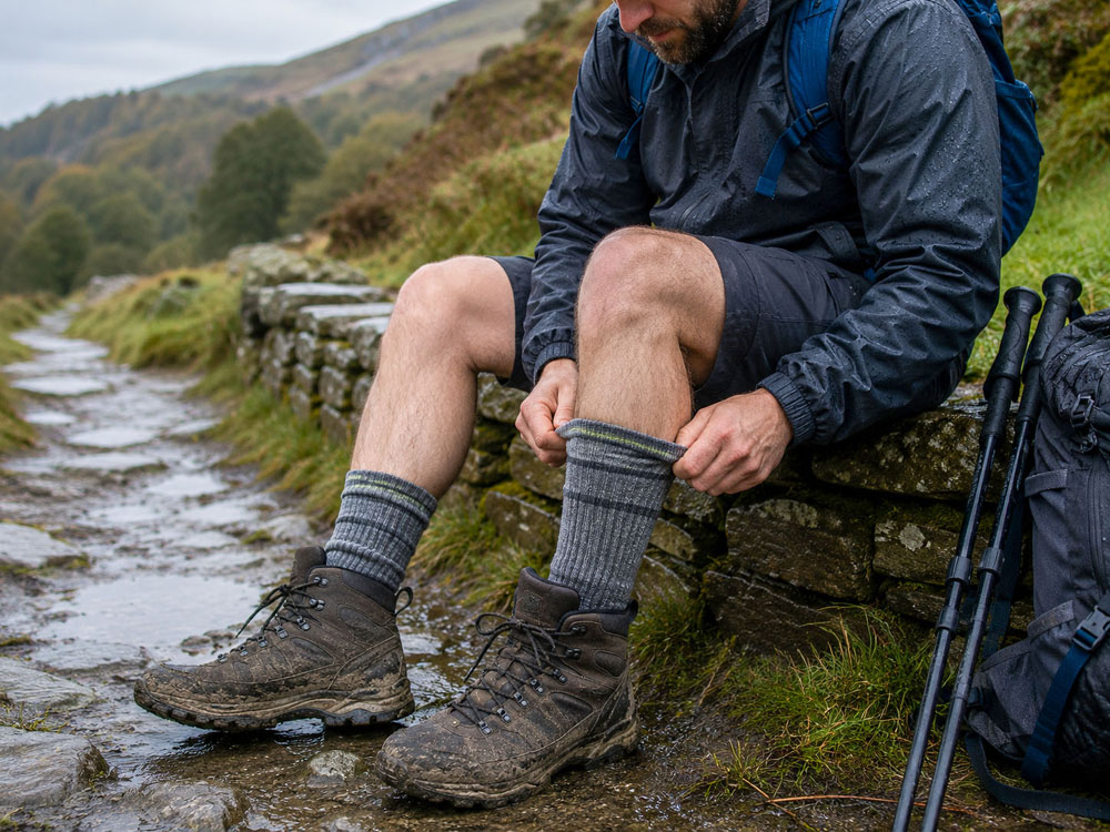 Walker adjusting thick grey walking socks above muddy boots on a damp stone path after rain in the UK hills.