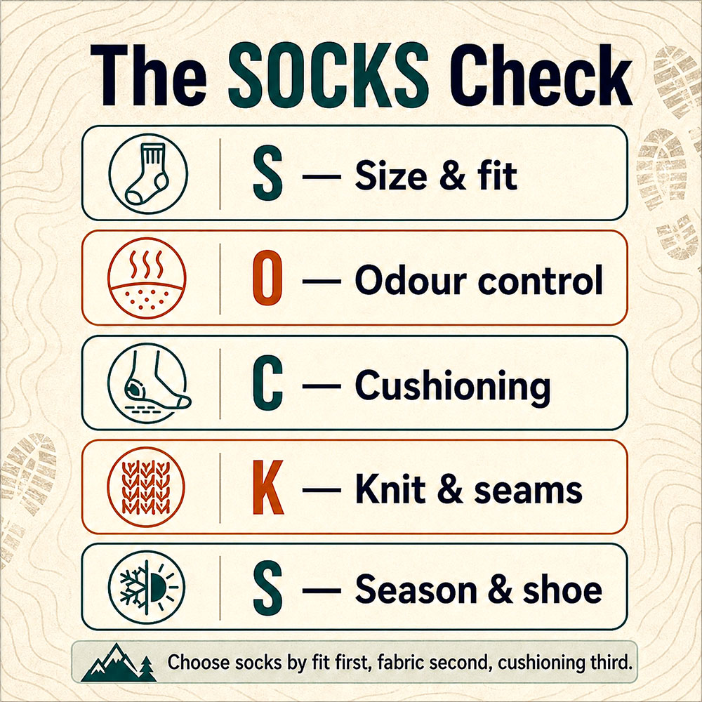 Infographic showing the Walks4All SOCKS Check: size and fit, odour control, cushioning, knit and seams, and season and shoe.