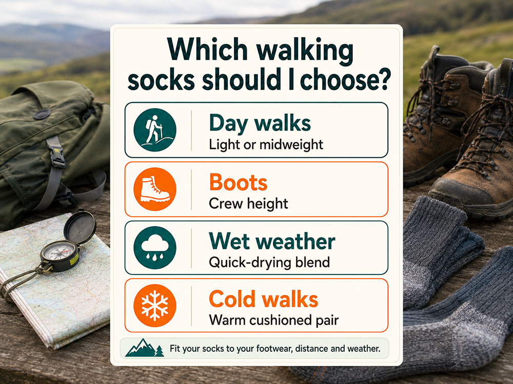 Hybrid selector infographic helping walkers choose socks for day walks, boots, wet weather and cold walks, with walking gear in the background.