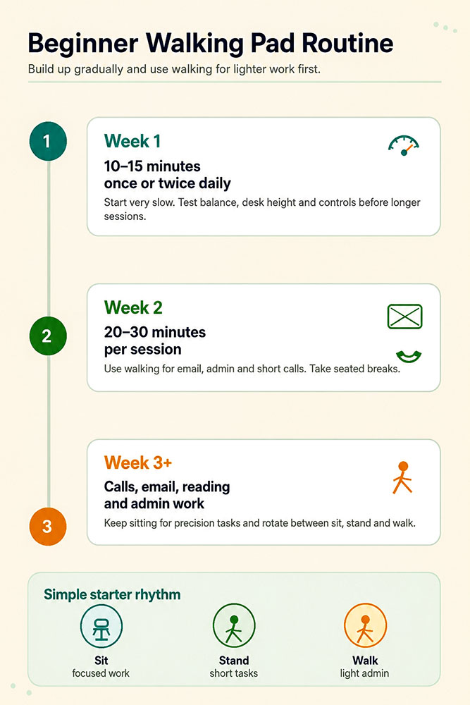 Timeline infographic showing weekly walking pad progression from short starter sessions to regular calls, email and admin use.