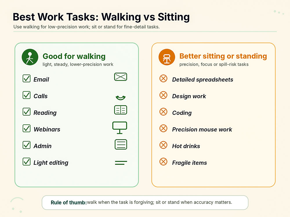 Infographic comparing tasks suited to walking, such as calls and email, with precision tasks better done sitting or standing.