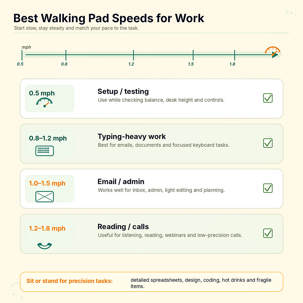 Speed guide infographic showing beginner, typing, admin, reading and call speed ranges for walking pad desk work.