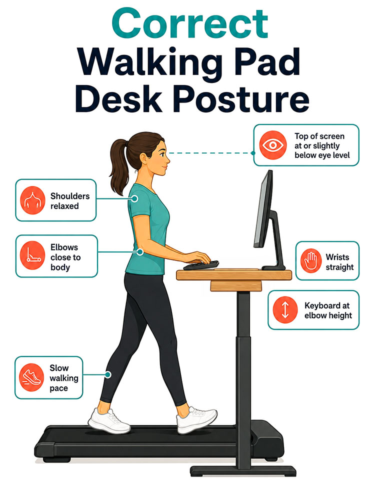 Posture infographic showing screen height, relaxed shoulders, straight wrists and keyboard placement for walking desk ergonomics.