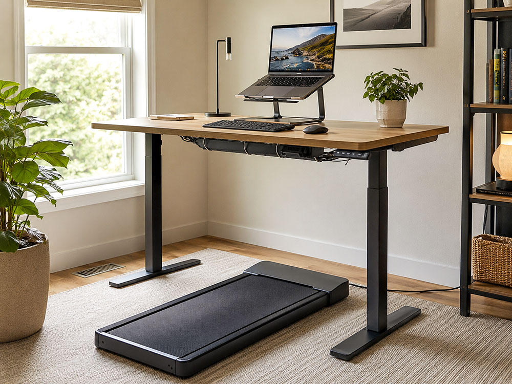 Photorealistic laptop walking pad setup showing why a raised screen, keyboard and mouse improve posture while working.