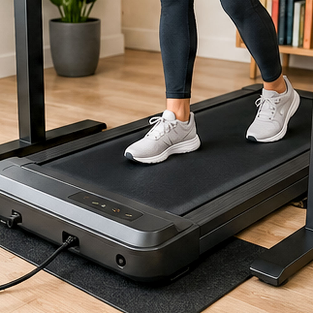 Photorealistic footwear image showing supportive indoor trainers and avoiding loose slippers on a walking pad belt.