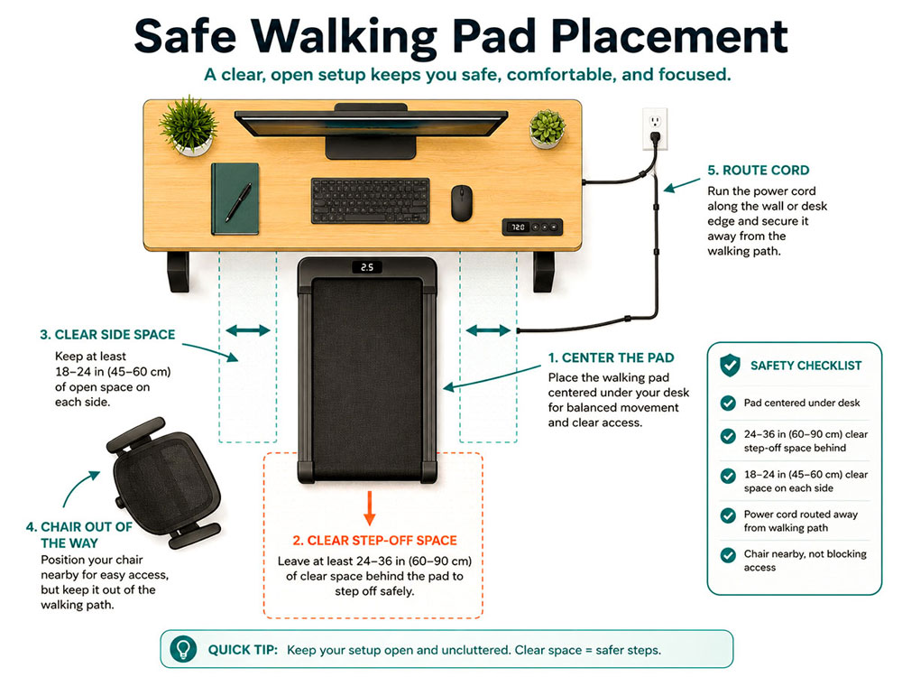 Top-down safety layout infographic showing walking pad alignment, clear step-off space, safe cord routing and nearby chair position.