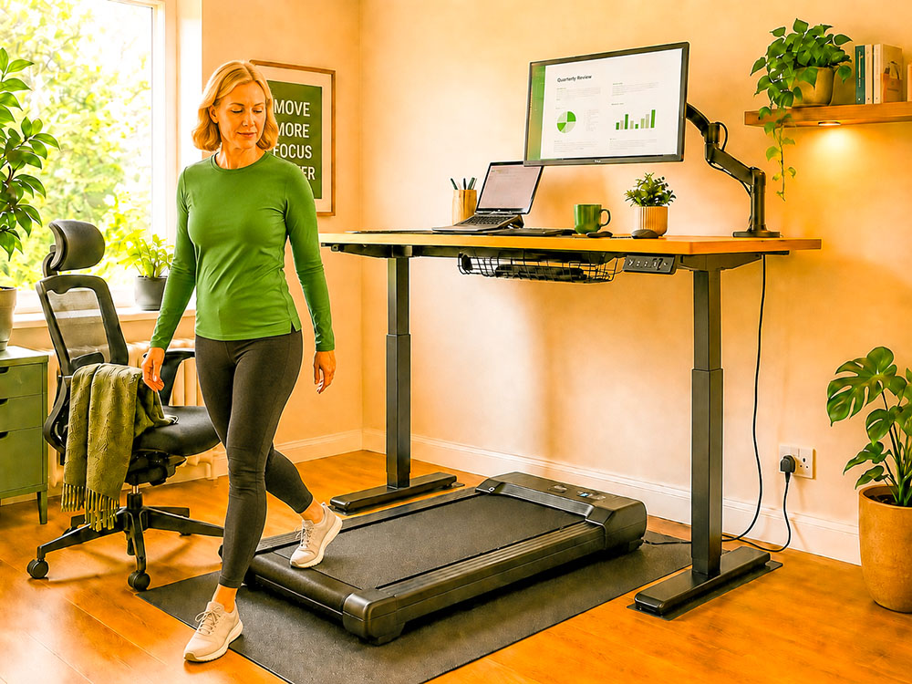 Woman safely stepping off a walking pad with one foot still on the belt, showing clear step-off space beside a standing desk workstation.