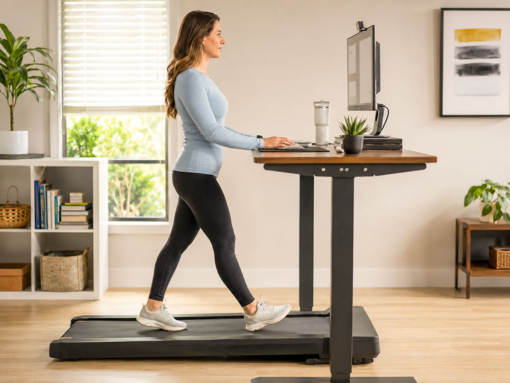 Photorealistic desk height image showing elbows, wrists and keyboard position for a comfortable walking pad workstation.