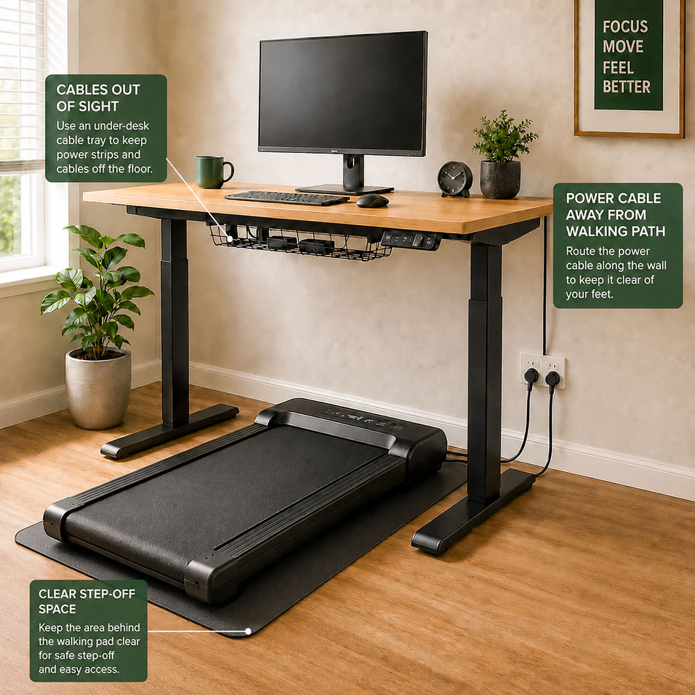 Photorealistic cable management image showing floor cord covers, cable trays and clear step-off space around a walking pad.