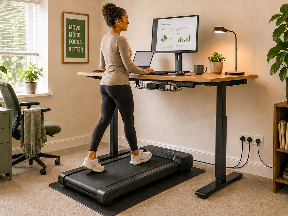Photorealistic image showing a walking pad mat protecting hard flooring and helping create a stable under-desk treadmill setup.