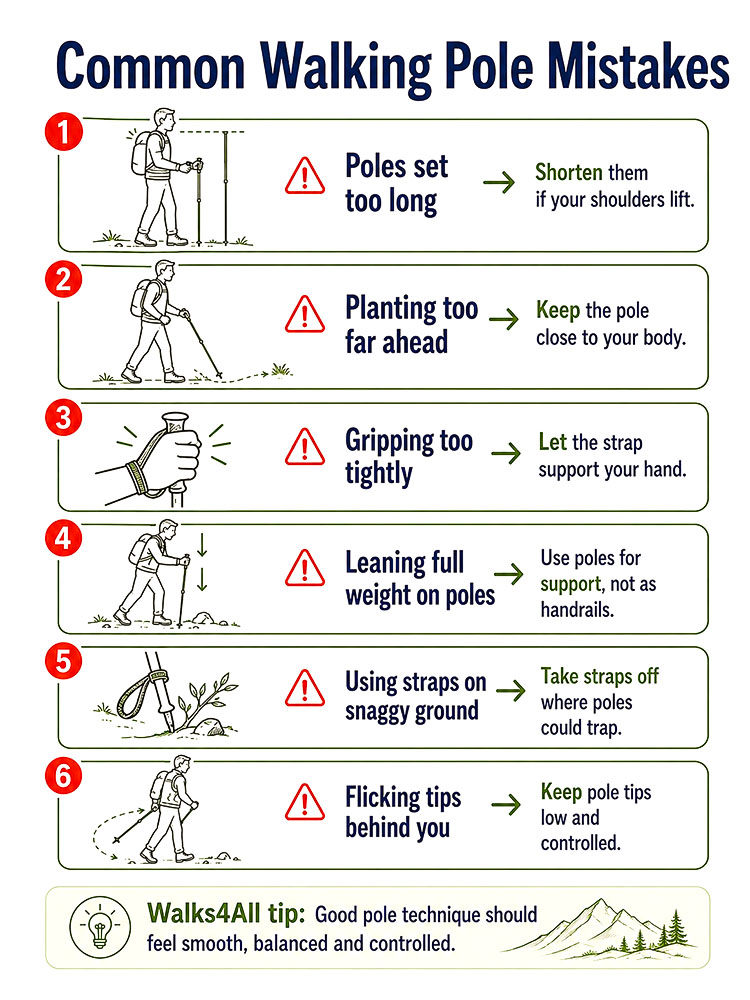 Infographic listing common walking-pole mistakes such as long poles, tight grip, overreaching and flicking tips.