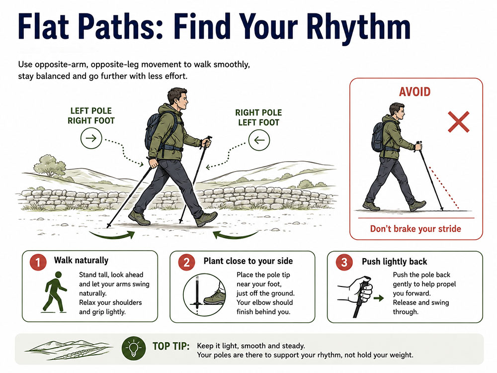 Infographic showing opposite-arm opposite-leg walking-pole rhythm on flat paths and avoiding overreaching.