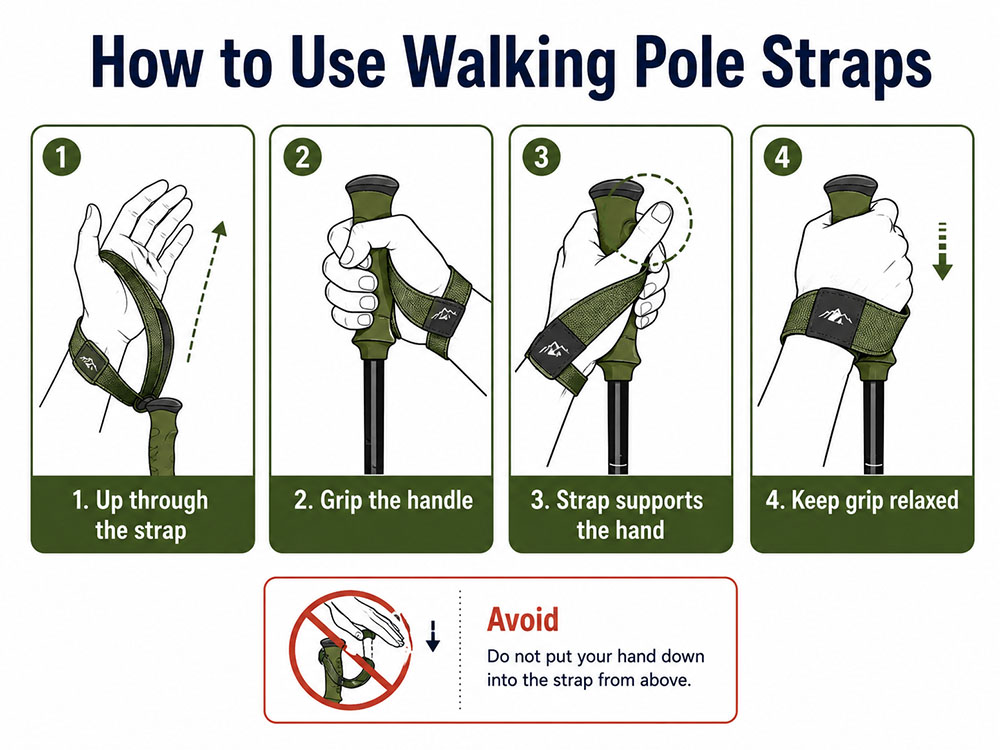 Step-by-step infographic showing how to put a hand up through walking-pole straps and grip correctly.
