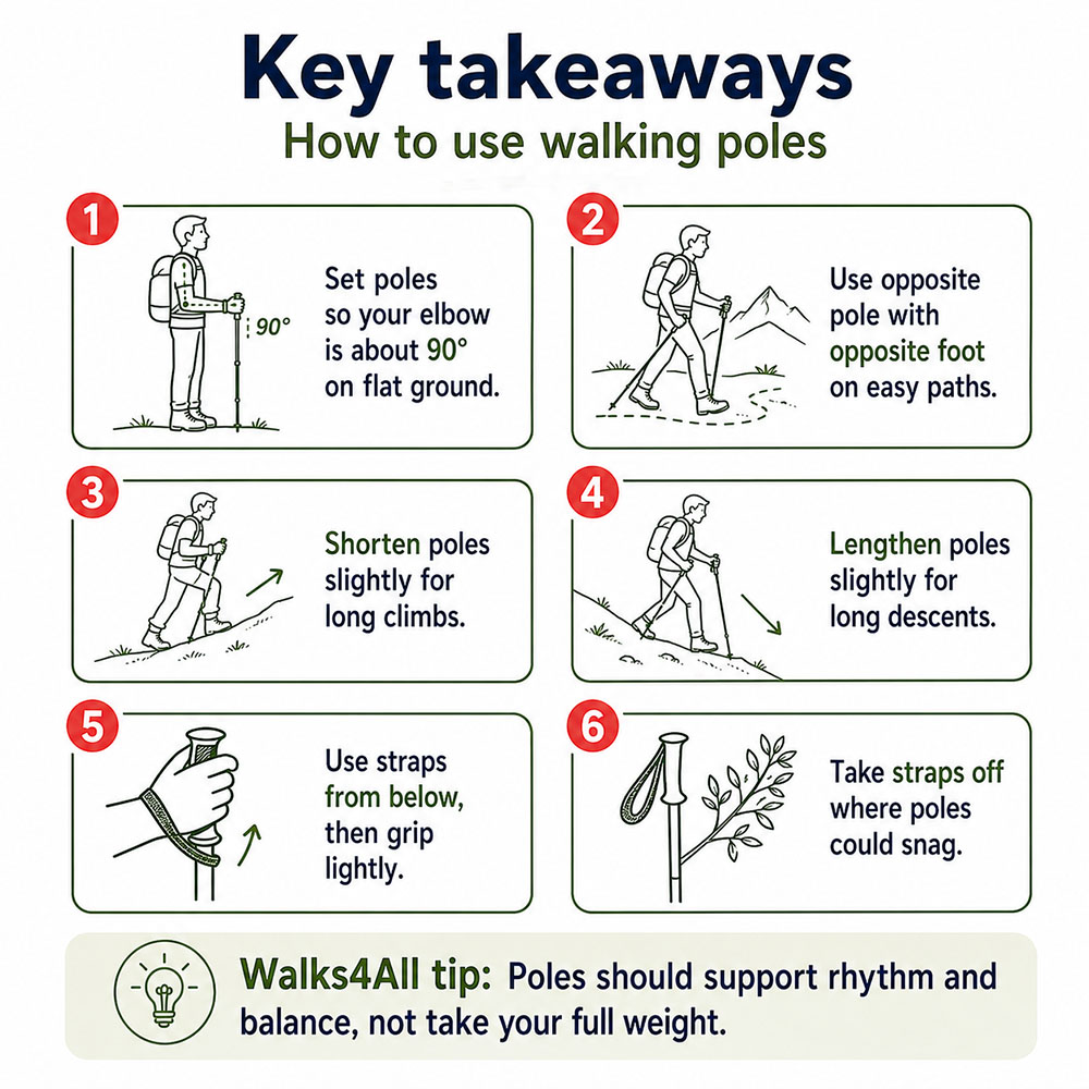 Infographic summarising six walking-pole technique tips, including pole height, straps, uphill and downhill use.